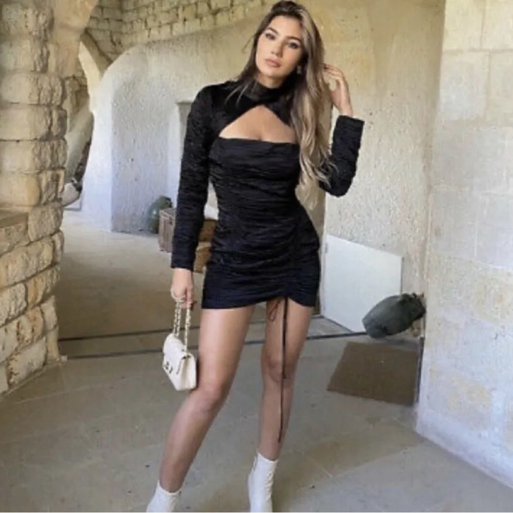 Zara Limited Edition RARE Satin Ruffled Front Cut Out Mock Neck Mini Dress